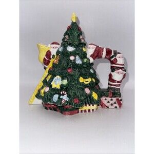 Teanee Teapot Cardinal Inc 1995 Ceramic Christmas Tree Santa Teapot 5”x5.25”
